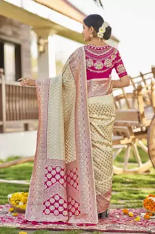 White woven Banarasi silk blend saree with blouse