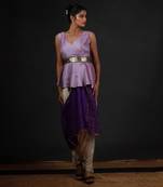 Mauve Overlap Top With Dhothi Pants And Draped Dupatta With A Belt.