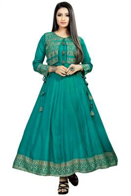 Turquoise plain rayon long-kurtis 1