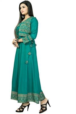 Turquoise plain rayon long-kurtis 2