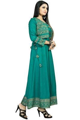 Turquoise plain rayon long-kurtis 3