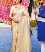 Cream Kumbhi silk bland Kanjivaram style festive wear zari border saree with Blouse