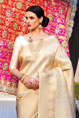 Cream Kumbhi silk bland Kanjivaram style festive wear zari border saree with Blouse 2