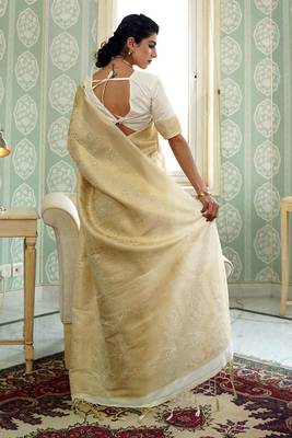 Cream Kumbhi silk bland Kanjivaram style festive wear zari border saree with Blouse 4