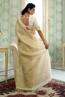 Cream Kumbhi silk bland Kanjivaram style festive wear zari border saree with Blouse