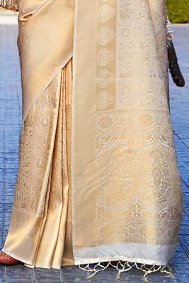 Cream Kumbhi silk bland Kanjivaram style festive wear zari border saree with Blouse 5