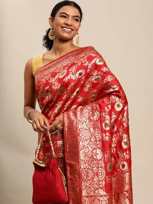 Red Woven Silk Blend Saree With Blouse 1