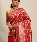 Red Woven Silk Blend Saree With Blouse