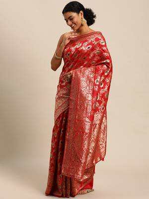 Red Woven Silk Blend Saree With Blouse 2