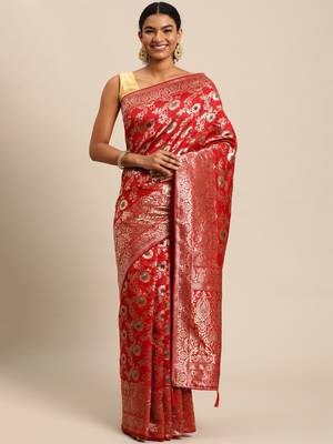 Red Woven Silk Blend Saree With Blouse 3