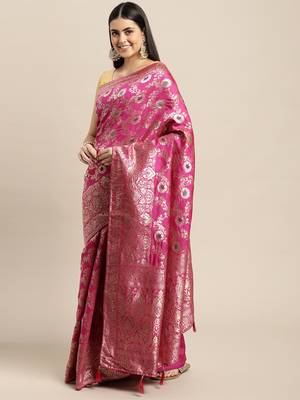 Pink Woven Silk Blend Saree With Blouse 2