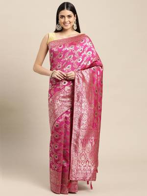 Pink Woven Silk Blend Saree With Blouse 3