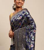 Navy Blue Woven Silk Blend Saree With Blouse