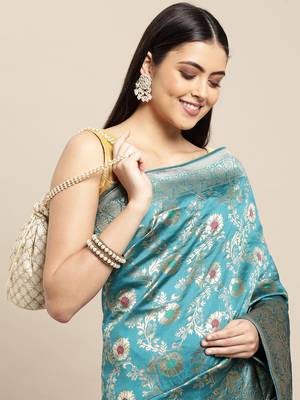 Turquoise Woven Silk Blend Saree With Blouse 1
