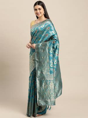 Turquoise Woven Silk Blend Saree With Blouse 2