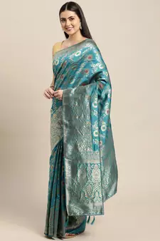 Turquoise Woven Silk Blend Saree With Blouse