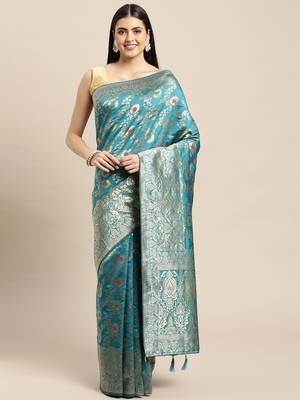 Turquoise Woven Silk Blend Saree With Blouse 3