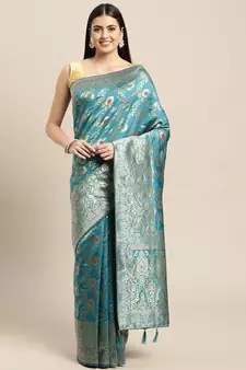 Turquoise Woven Silk Blend Saree With Blouse