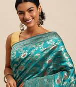 Teal Woven Silk Blend Saree With Blouse