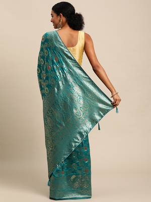 Teal Woven Silk Blend Saree With Blouse 4