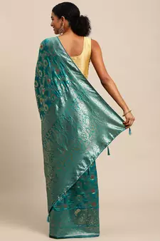 Teal Woven Silk Blend Saree With Blouse