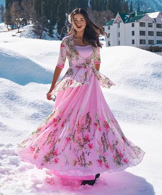 Blush Pink Viscose Georgette And Raw Silk Gown Set 1