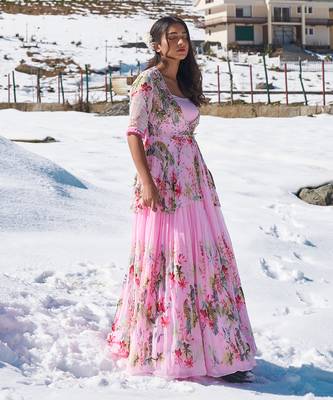 Blush Pink Viscose Georgette And Raw Silk Gown Set 2