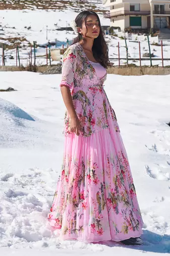 Blush Pink Viscose Georgette And Raw Silk Gown Set