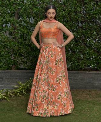 Orange Rawsil And Organza Bridal  Lehenga 1