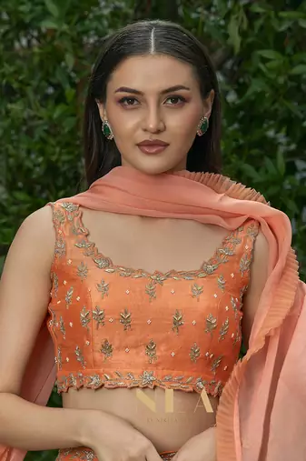 Orange Rawsil And Organza Bridal  Lehenga