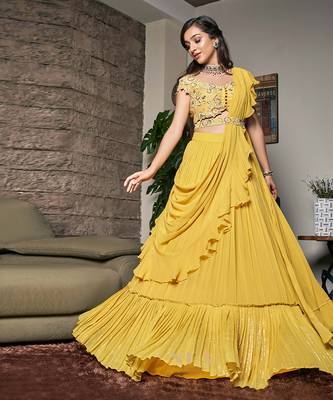 Yellow Raw Silk And Viscose Georgette Lehenga Set 1
