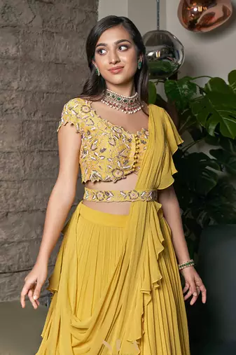 Yellow Raw Silk And Viscose Georgette Lehenga Set