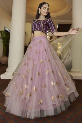 Light-purple embroidered net semi stitched lehenga 1