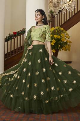Green  embroidered net semi stitched lehenga 1