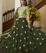 Green  embroidered net semi stitched lehenga