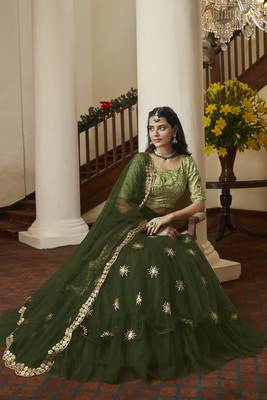 Green  embroidered net semi stitched lehenga 3