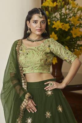 Green  embroidered net semi stitched lehenga 5