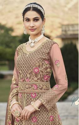 DESIGNER HEAVY WEDDING PARTY WEAR LONG SALWAR SUIT IN NET FABRIC WITH EMBROIDERY AND STONE WORK SEMI STITCHED 2