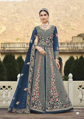 BLUE DESIGNER HEAVY WEDDING PARTY WEAR LONG SALWAR SUIT IN NET FABRIC WITH EMBROIDERY AND STONE WORK SEMI STITCHED 1