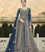 BLUE DESIGNER HEAVY WEDDING PARTY WEAR LONG SALWAR SUIT IN NET FABRIC WITH EMBROIDERY AND STONE WORK SEMI STITCHED
