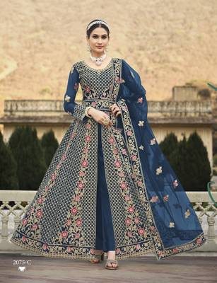 BLUE DESIGNER HEAVY WEDDING PARTY WEAR LONG SALWAR SUIT IN NET FABRIC WITH EMBROIDERY AND STONE WORK SEMI STITCHED 2