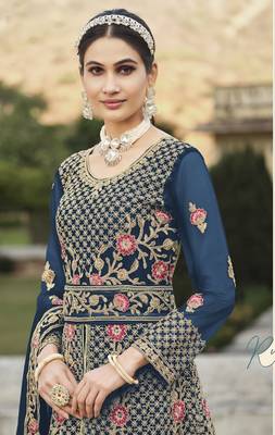 BLUE DESIGNER HEAVY WEDDING PARTY WEAR LONG SALWAR SUIT IN NET FABRIC WITH EMBROIDERY AND STONE WORK SEMI STITCHED 3