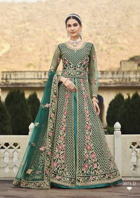 GREEN DESIGNER HEAVY WEDDING PARTY WEAR LONG SALWAR SUIT IN NET FABRIC WITH EMBROIDERY AND STONE WORK SEMI STITCHED 1