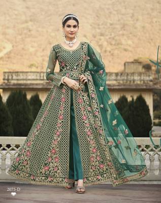 GREEN DESIGNER HEAVY WEDDING PARTY WEAR LONG SALWAR SUIT IN NET FABRIC WITH EMBROIDERY AND STONE WORK SEMI STITCHED 2