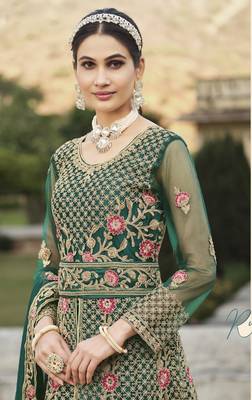 GREEN DESIGNER HEAVY WEDDING PARTY WEAR LONG SALWAR SUIT IN NET FABRIC WITH EMBROIDERY AND STONE WORK SEMI STITCHED 3