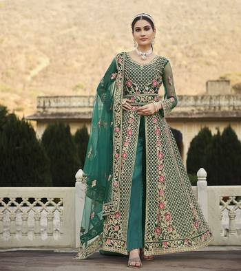 GREEN DESIGNER HEAVY WEDDING PARTY WEAR LONG SALWAR SUIT IN NET FABRIC WITH EMBROIDERY AND STONE WORK SEMI STITCHED 4