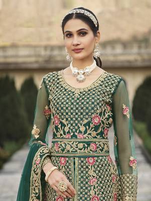 GREEN DESIGNER HEAVY WEDDING PARTY WEAR LONG SALWAR SUIT IN NET FABRIC WITH EMBROIDERY AND STONE WORK SEMI STITCHED 5