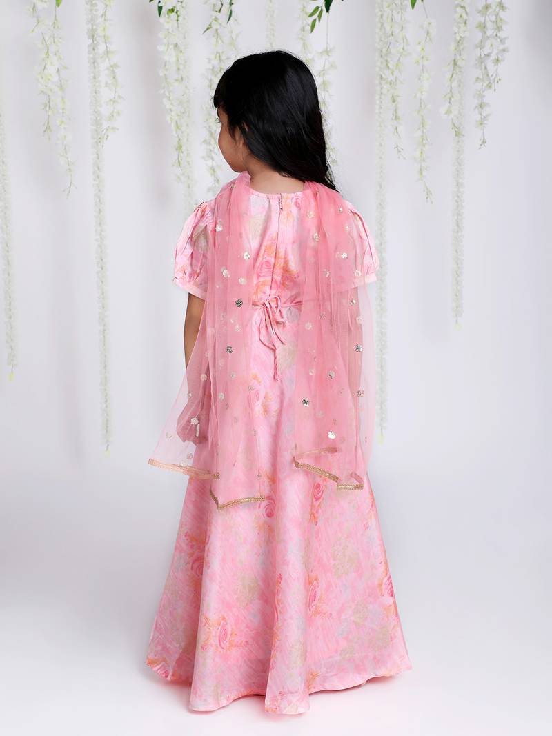 KID1 Princess Floral Gown With Belt And Sequins Dupatta