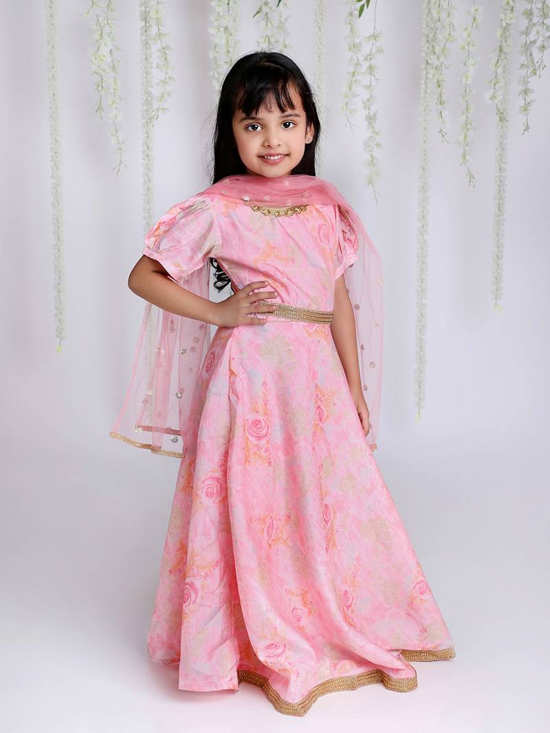KID1 Princess Floral Gown With Belt And Sequins Dupatta