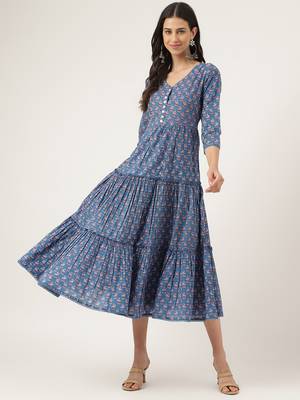 Blue printed cotton long-dresses 1